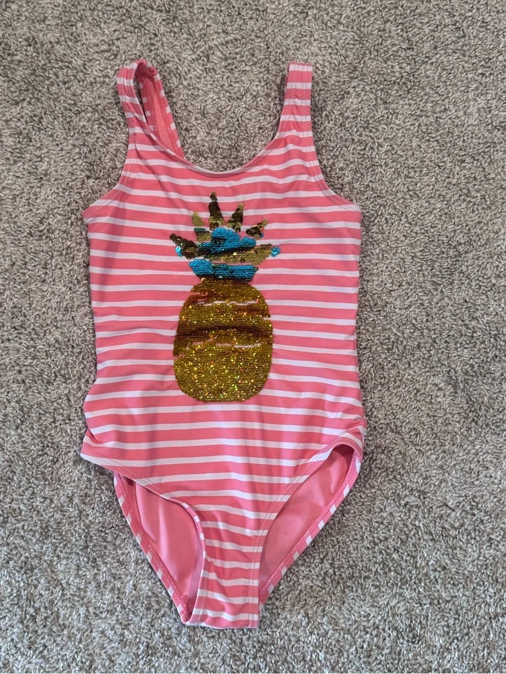 Girls Pink Stripe Pineapple Sequin Gold Sequin One-Piece Swimsuit Size 6